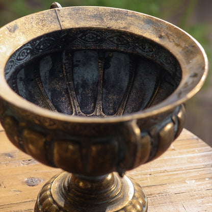 Nutshell vintage wrought iron pot with detailed ornate design on wooden surface