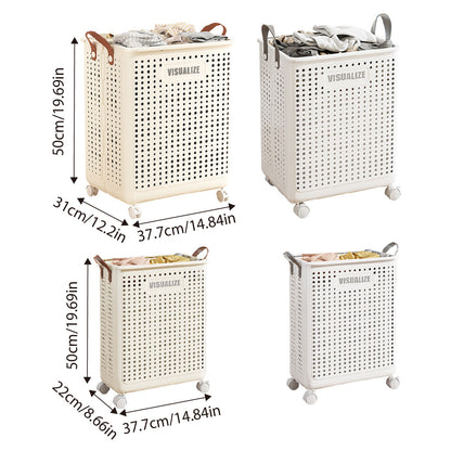 Nutshell large foldable laundry hamper in beige with wheels, designed for easy transport and organization