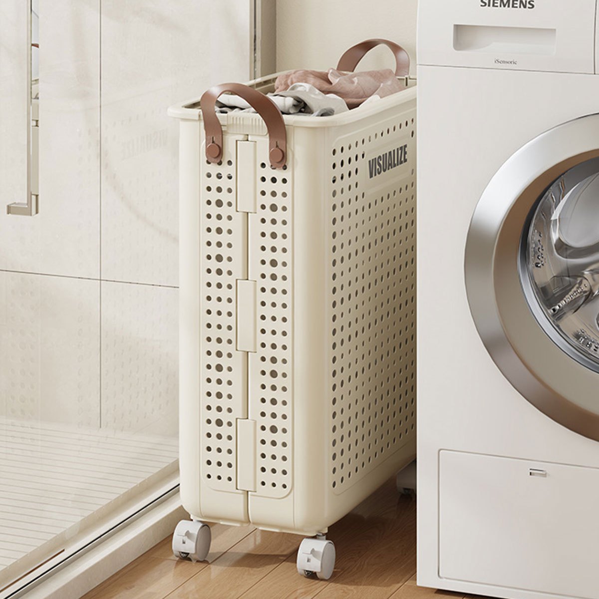 Nutshell large foldable laundry hamper in beige with easy-grip handles and wheels for convenient transport