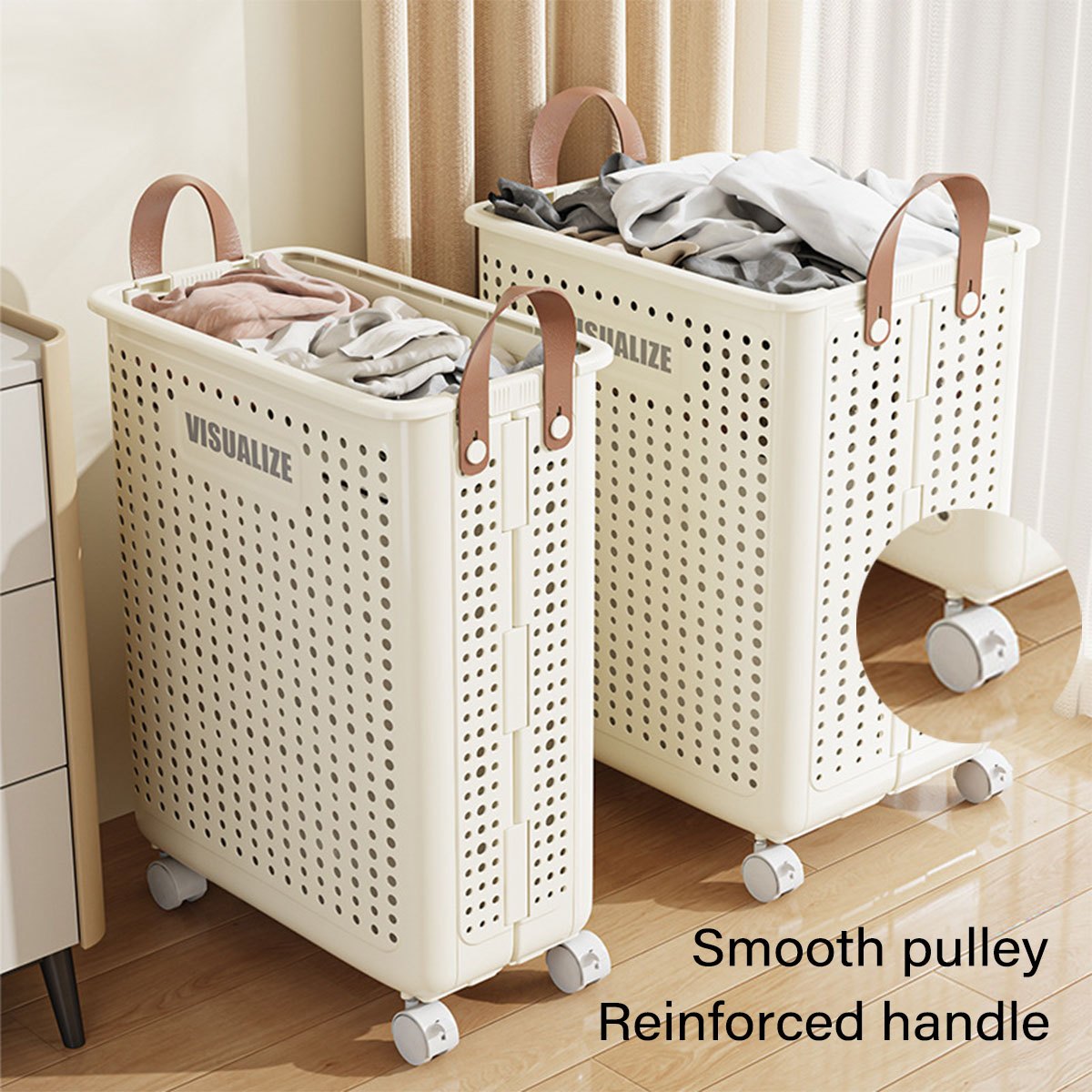 Nutshell large foldable laundry hamper with smooth pulley and reinforced handle for easy transport