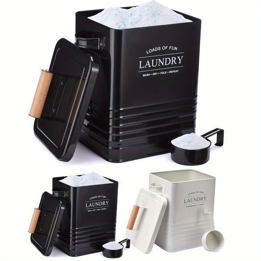 Nutshell wall-mounted laundry storage with a black and white container and measuring scoop for easy organization