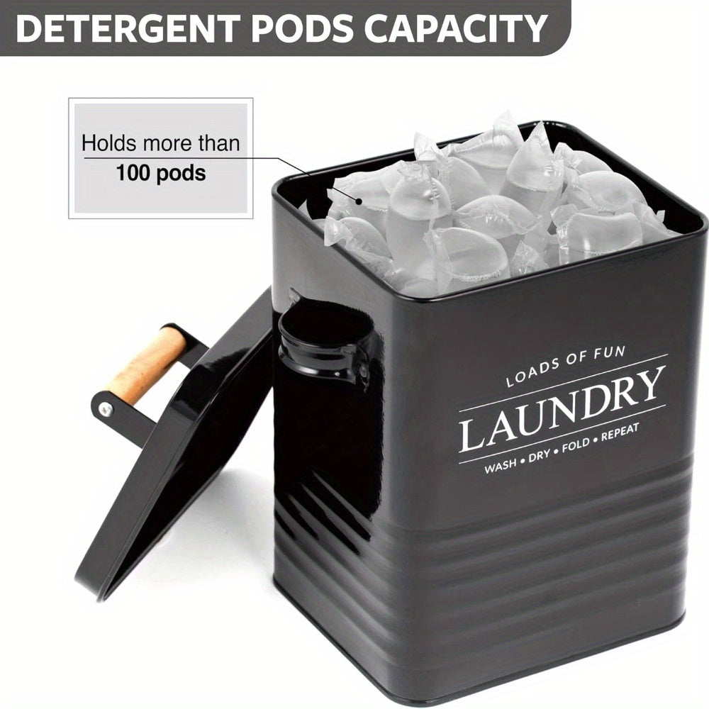 Nutshell wall-mounted laundry storage tin for detergent pods with a capacity of over 100 pods