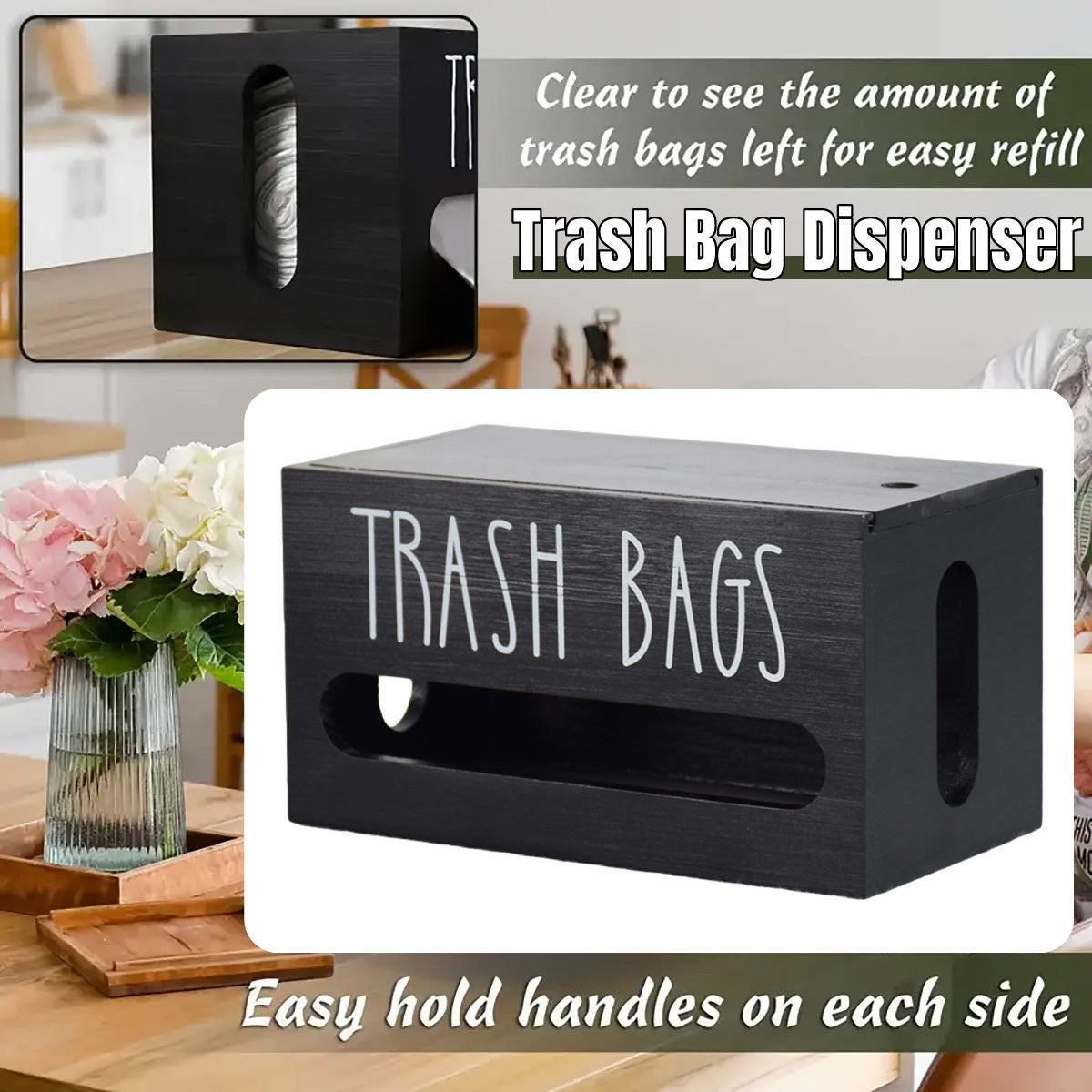 Nutshell wall-mounted trash bag dispenser for easy storage and refills in the kitchen