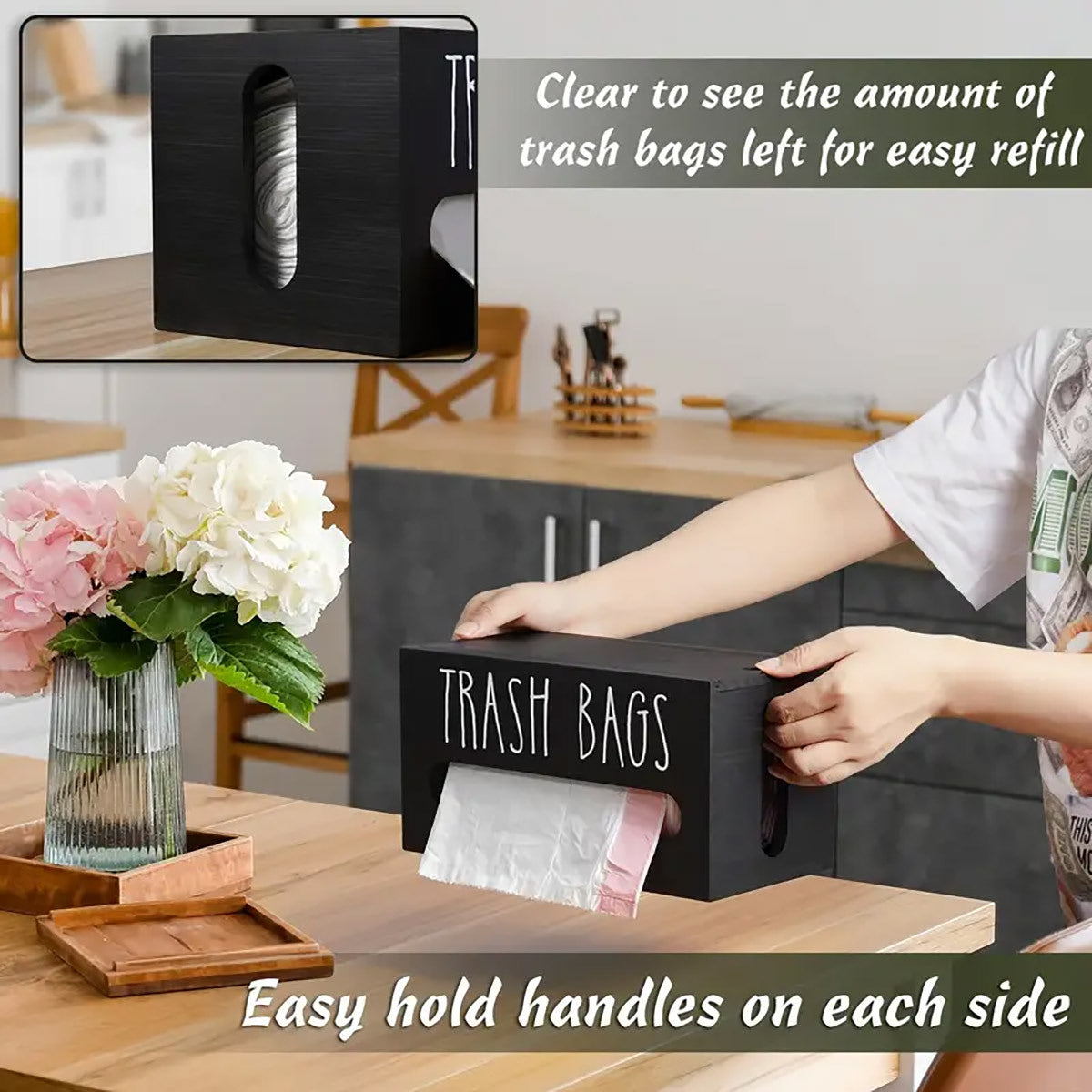 Nutshell wall-mounted trash bag dispenser for easy refilling and convenient access in the kitchen