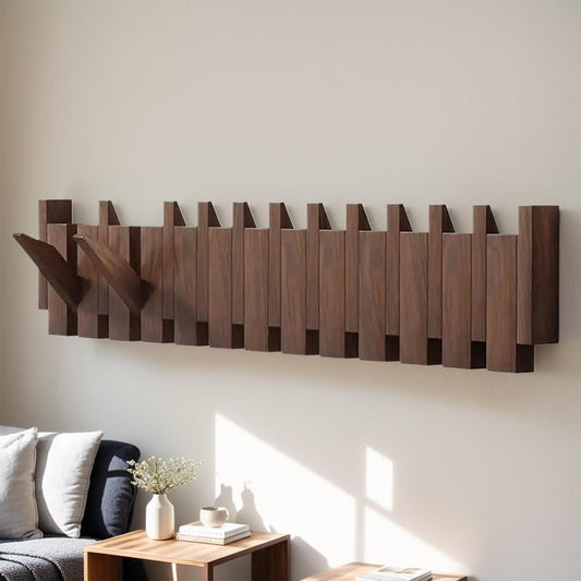 Nutshell wall mounted wooden coat hook in a modern living room setting with light streaming in
