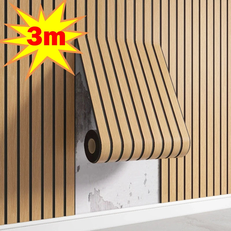 Nutshell woodgrain wallpaper peel and stick roll with vertical black slat stripes applied on wall 3m