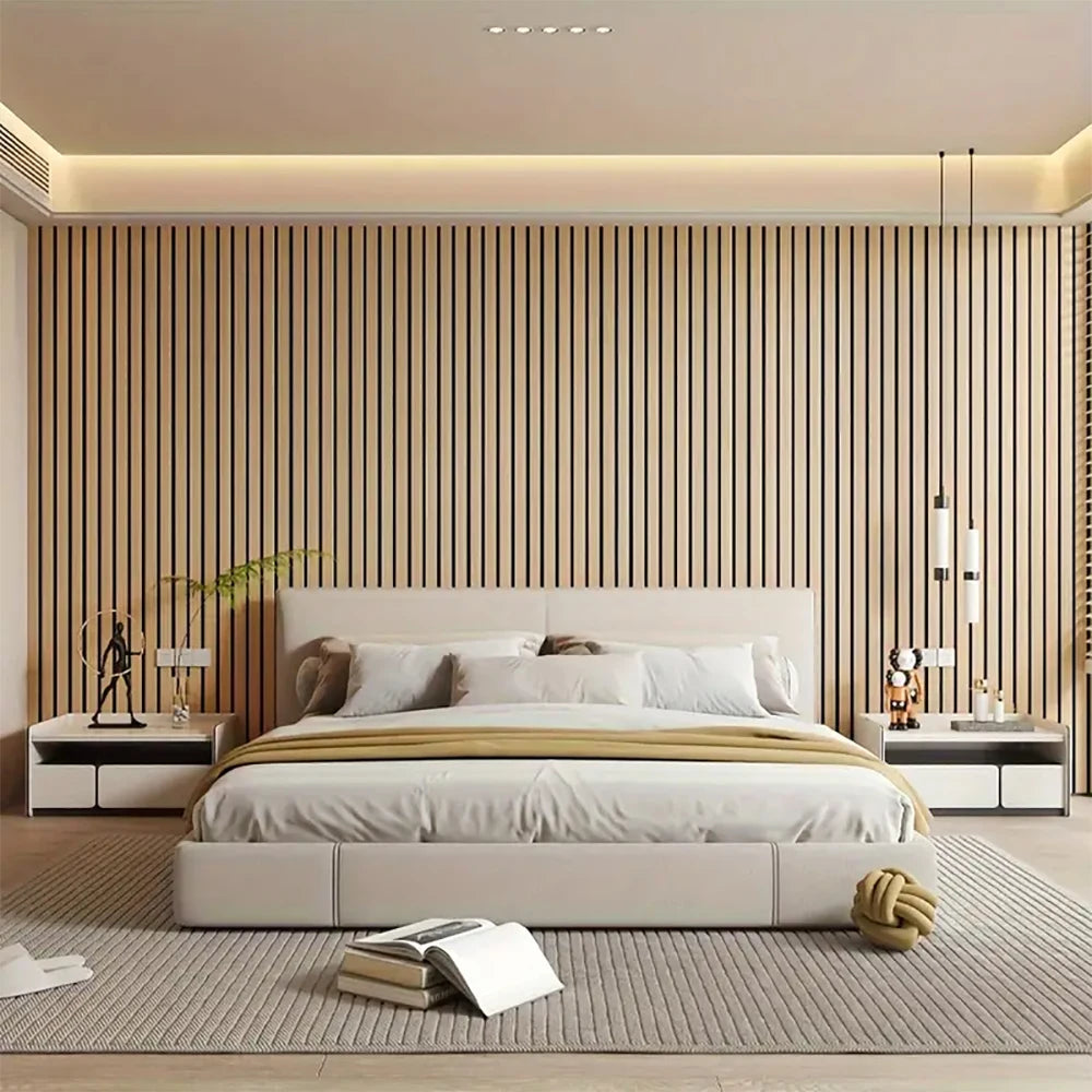 Nutshell woodgrain wallpaper vertical slat accent wall in modern neutral bedroom behind platform bed