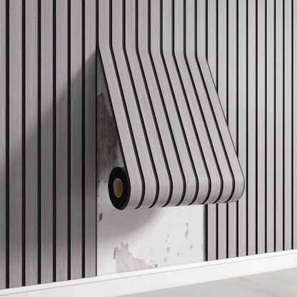 Nutshell woodgrain wallpaper gray vertical stripe design peeling to reveal wall showing removable application