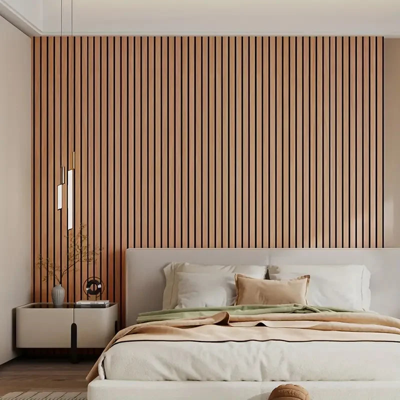 Nutshell woodgrain wallpaper accent wall in modern bedroom with vertical slat pattern and neutral bedding