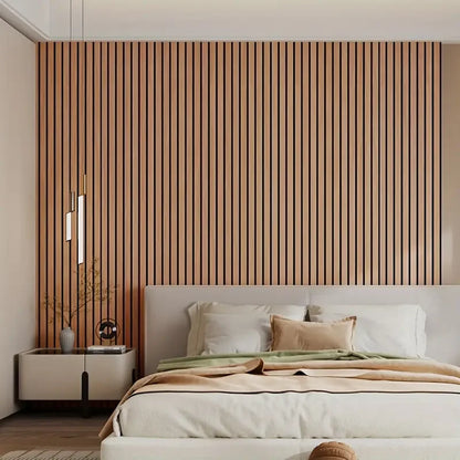 Nutshell woodgrain wallpaper accent wall in modern bedroom with vertical slat pattern and neutral bedding