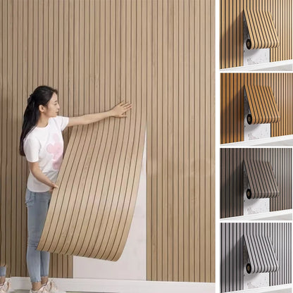 Nutshell woodgrain wallpaper peel and stick vertical slat panels being installed by woman with color samples