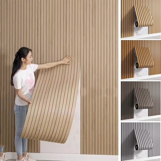 Nutshell woodgrain wallpaper peel and stick vertical slat panels being installed by woman with color samples