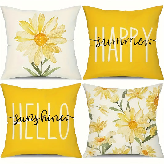 Set of watercolor daisy cushion covers in yellow and white with floral and cheerful designs