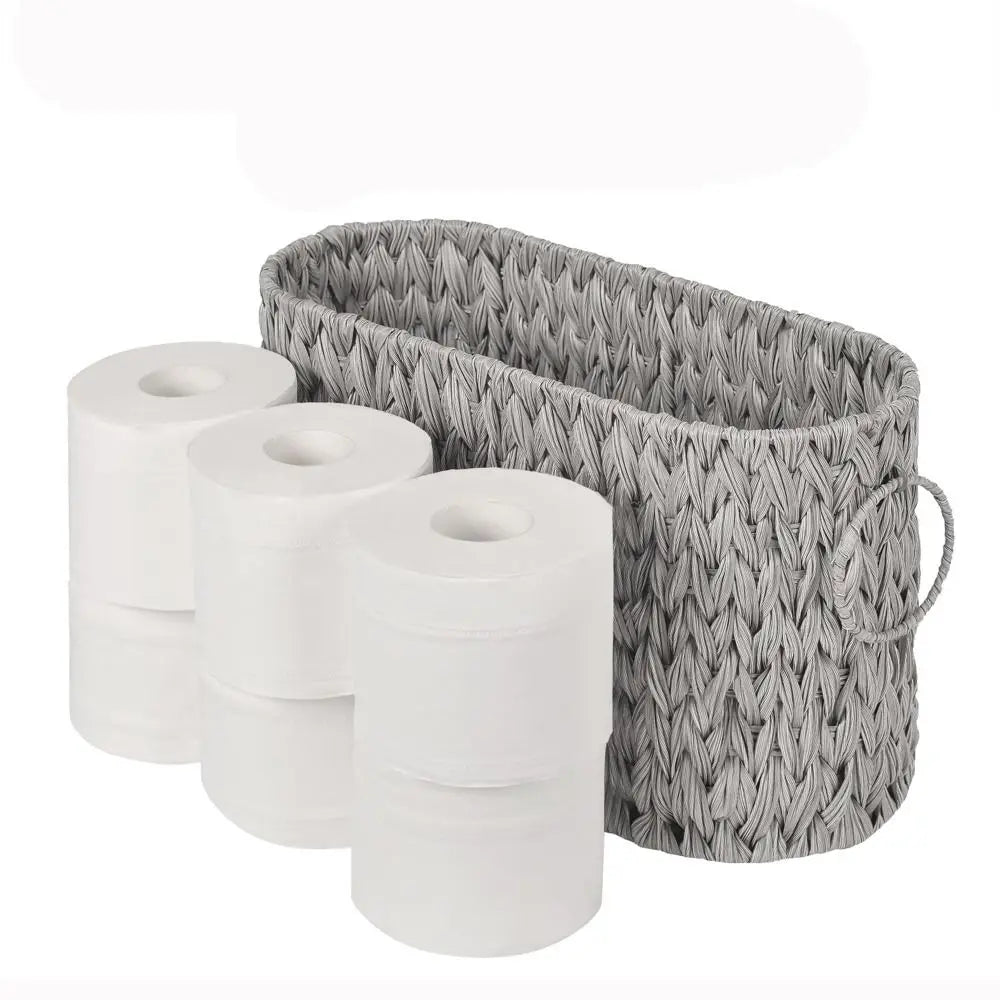 Wicker Woven Toilet Paper Storage Basket holding rolls of toilet paper for organized bathroom use