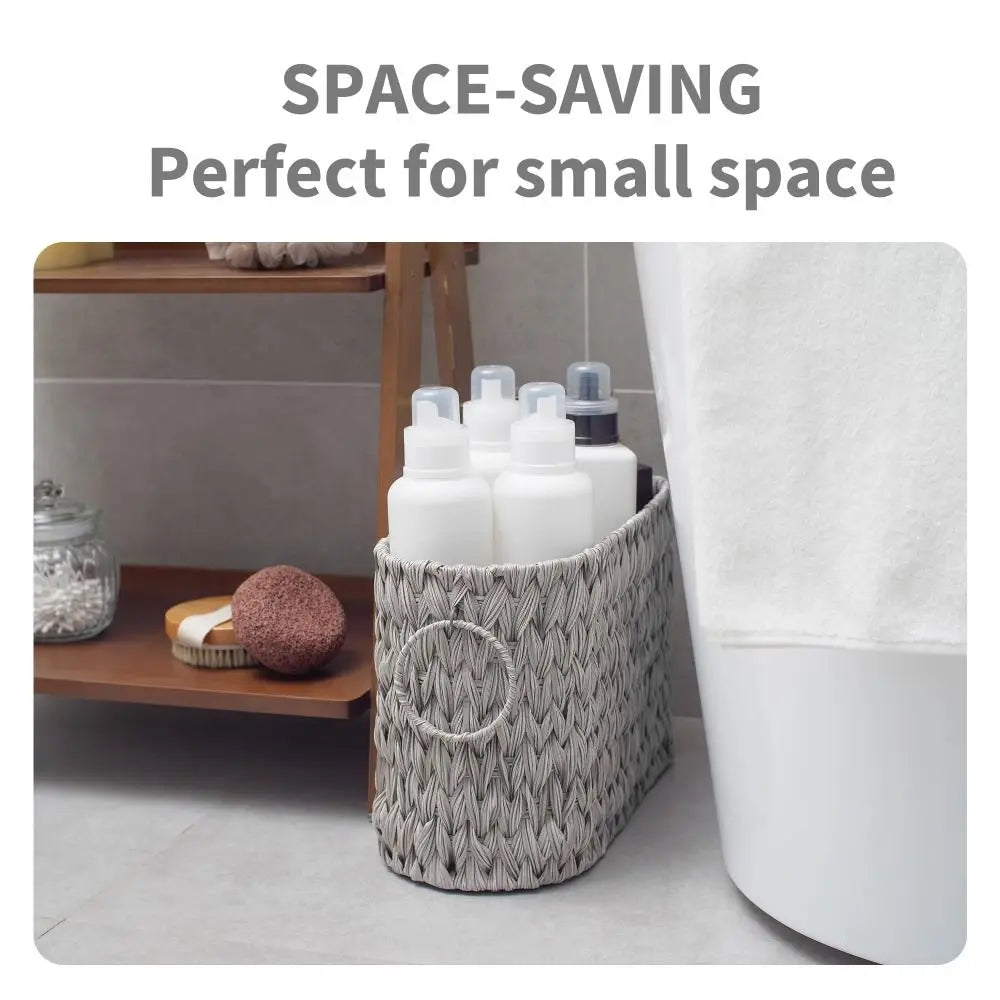 Nutshell Wicker Woven Toilet Paper Storage basket in gray, ideal for organizing small spaces