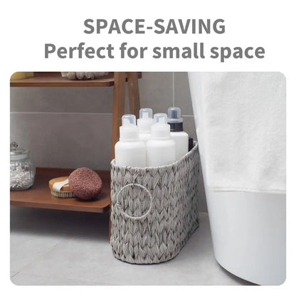 Nutshell Wicker Woven Toilet Paper Storage basket in gray, ideal for organizing small spaces