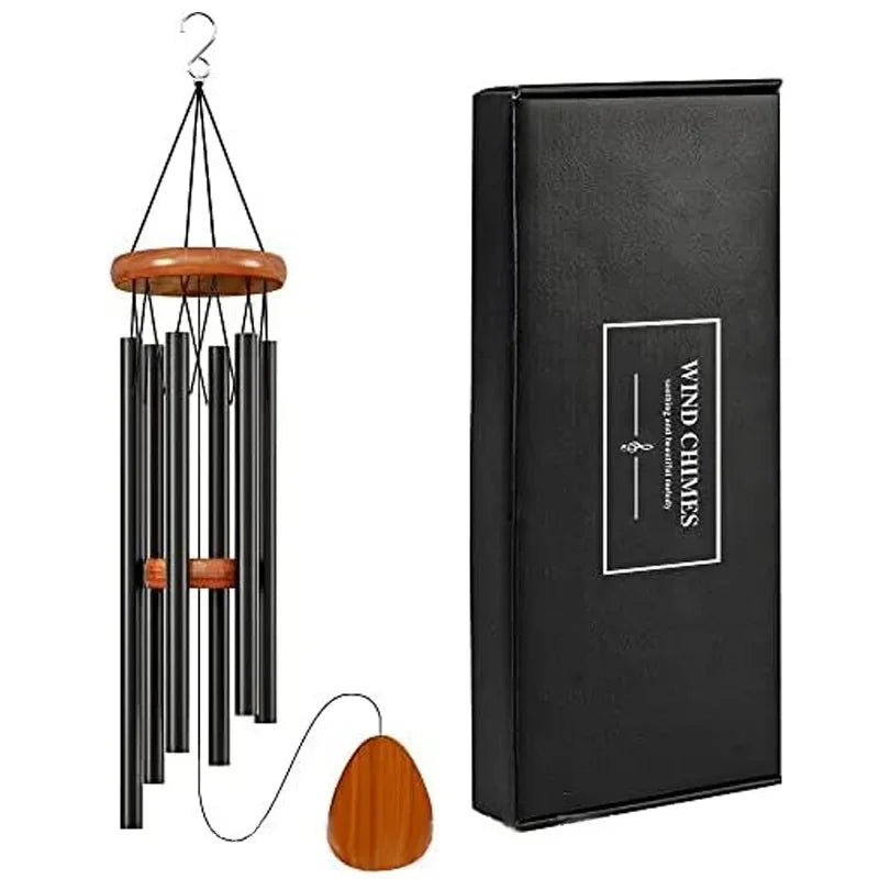 Nutshell 6 tube wind chimes for patio with wooden top and stylish black packaging