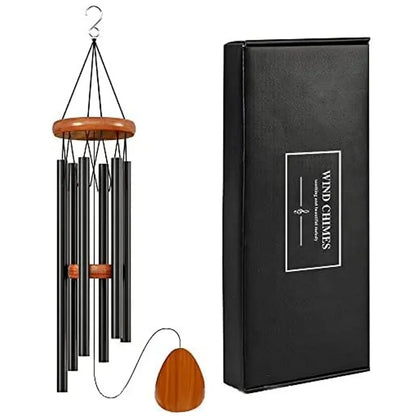Nutshell 6 tube wind chimes for patio with wooden top and stylish black packaging