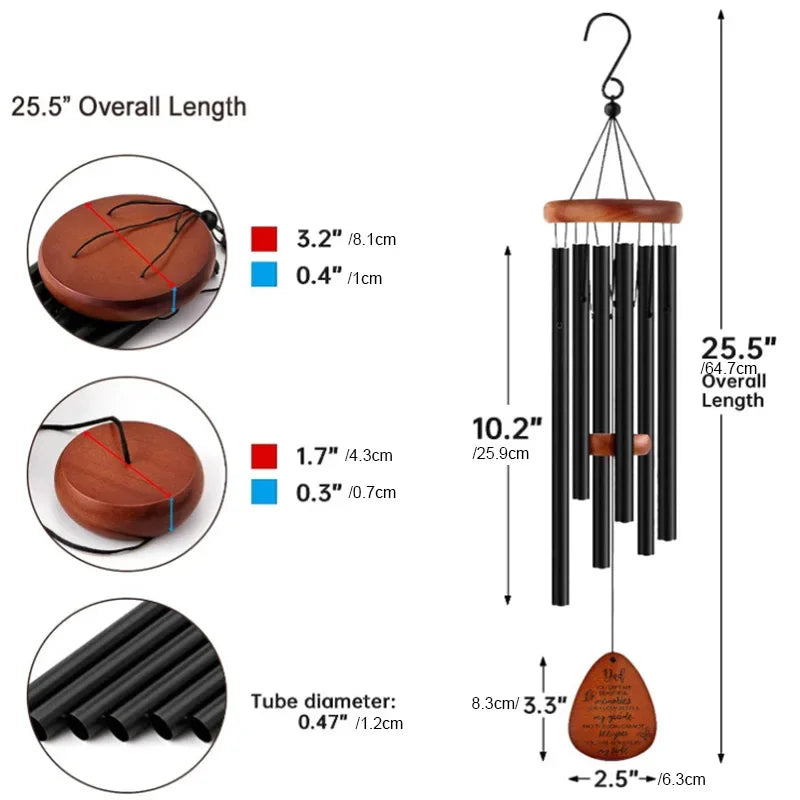 Nutshell 6 tube wind chimes for patio with wooden top and detailed dimensions