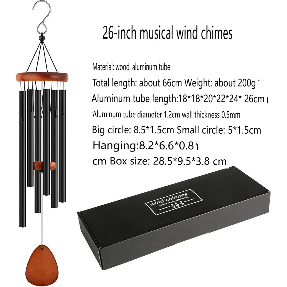 26-inch musical wind chimes with 6 tubes for patio, made of wood and aluminum for a soothing sound