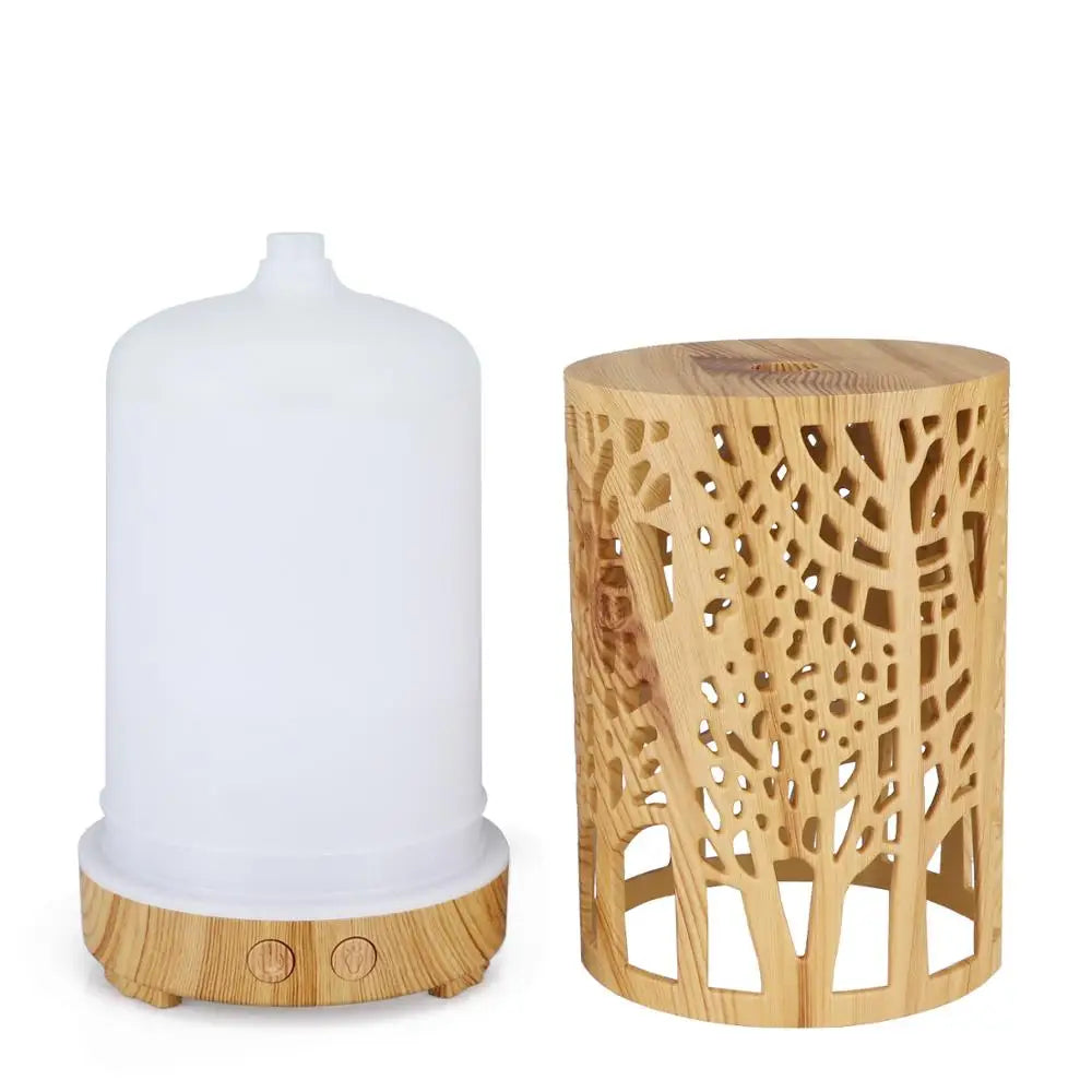 Nutshell wood grain essential oil diffuser with carved wooden cover and white misting unit