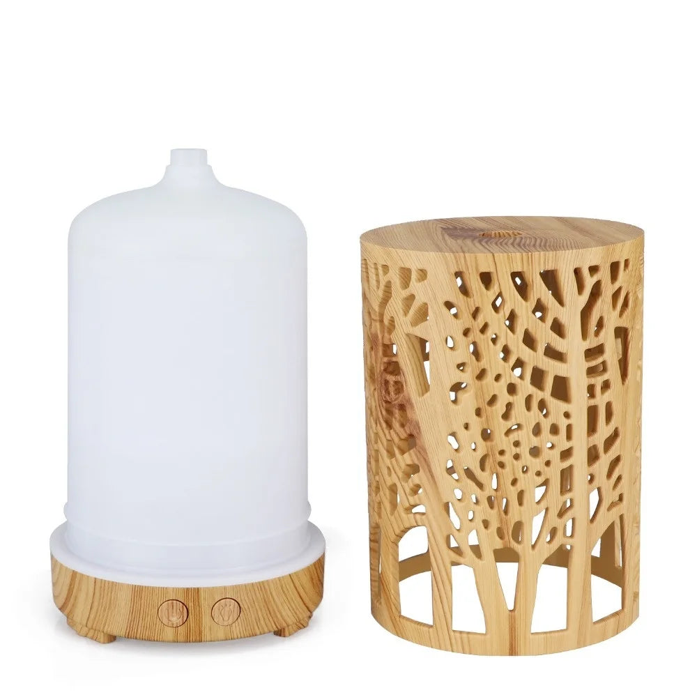 Nutshell wood grain essential oil diffuser with removable carved wooden cover and functional buttons