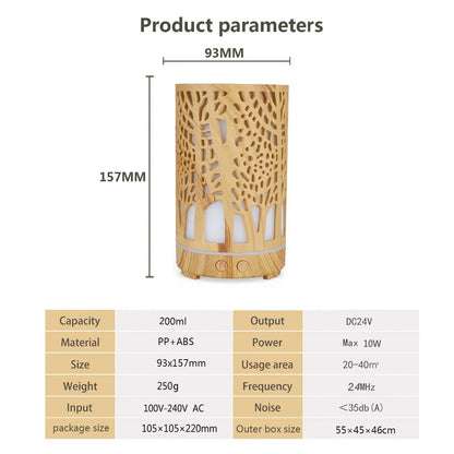 Nutshell wood grain essential oil diffuser with tree cutout design and compact size 93x157mm