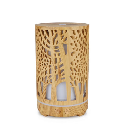 Nutshell wood grain essential oil diffuser with intricate tree pattern and dual control buttons