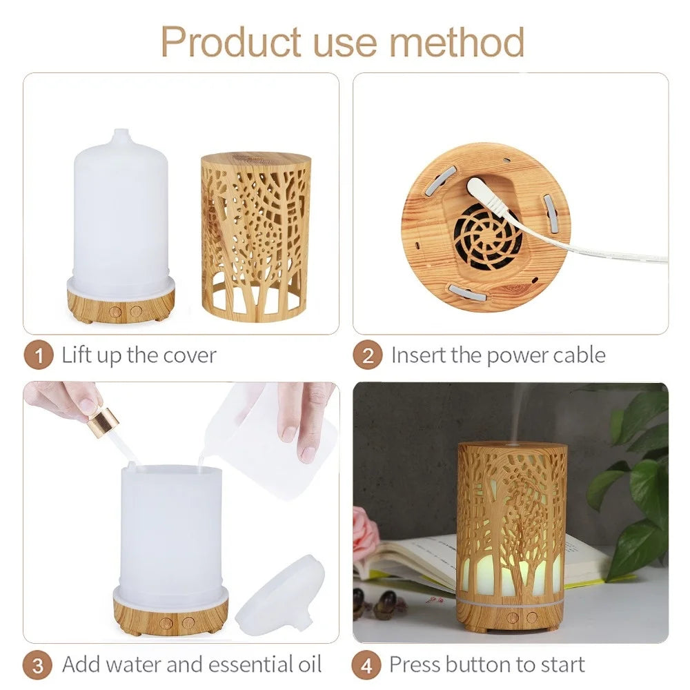 Nutshell wood grain essential oil diffuser with removable cover and tree pattern casing showing step-by-step use