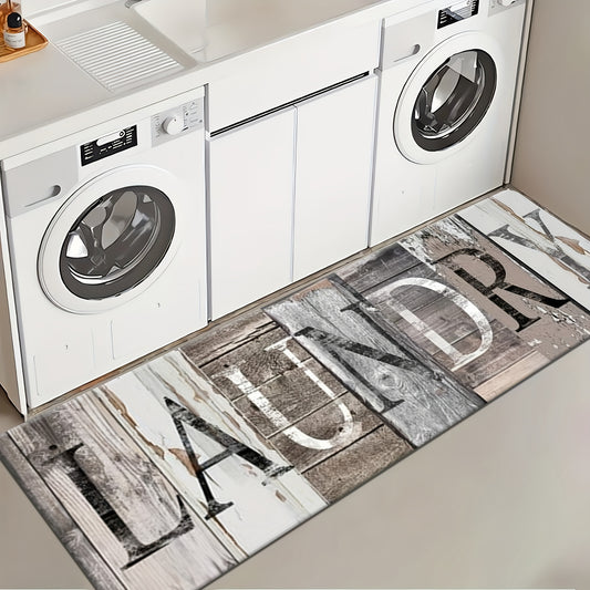 Nutshell wood grain laundry mat with stylish lettering for laundry room décor