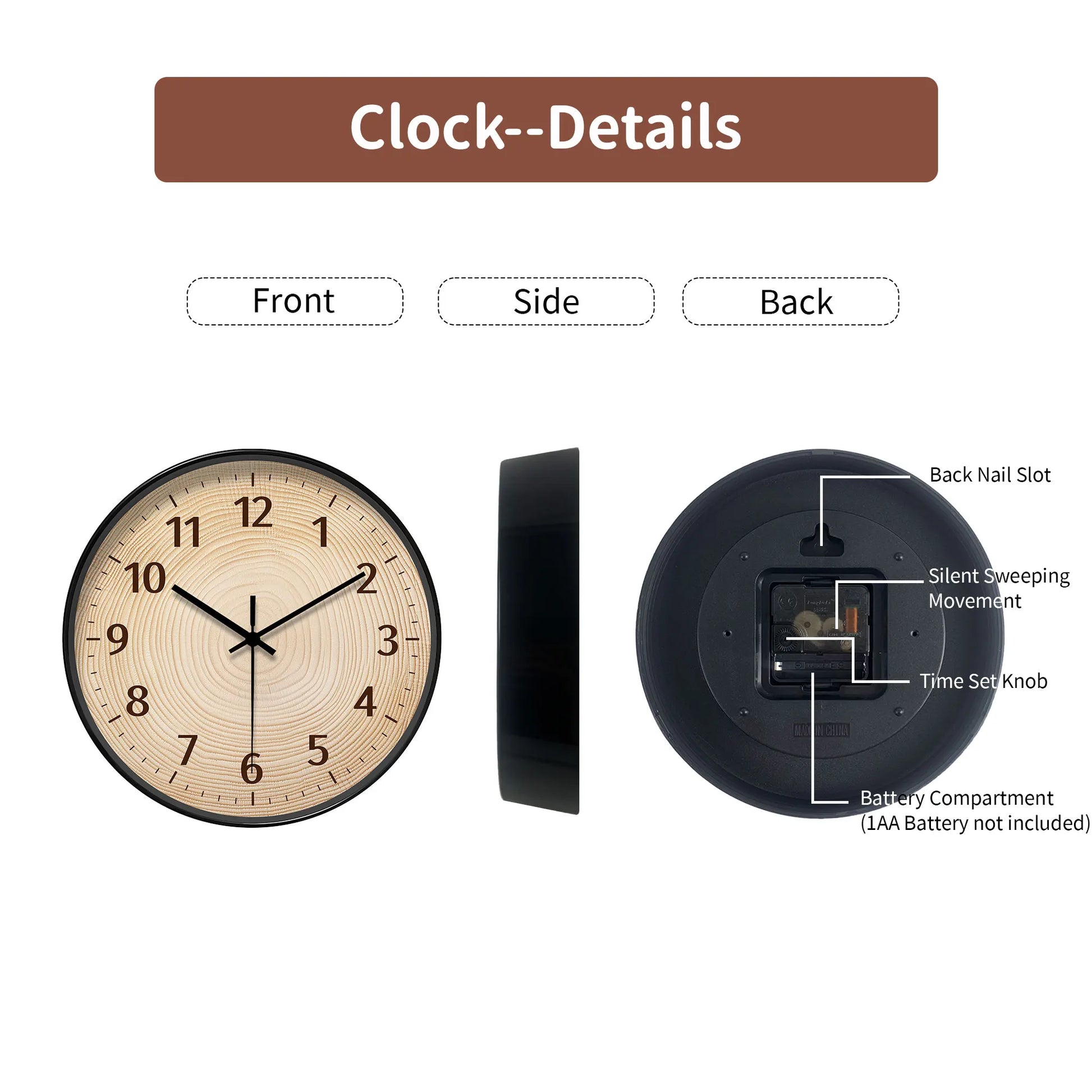 Nutshell wood grain wall clock with silent sweeping movement and time set knob