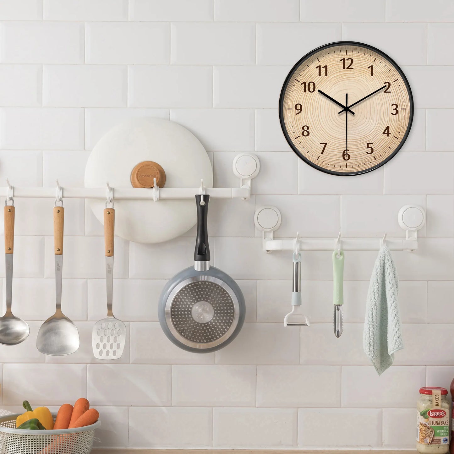 Nutshell wood grain wall clock with black frame for modern kitchen decor