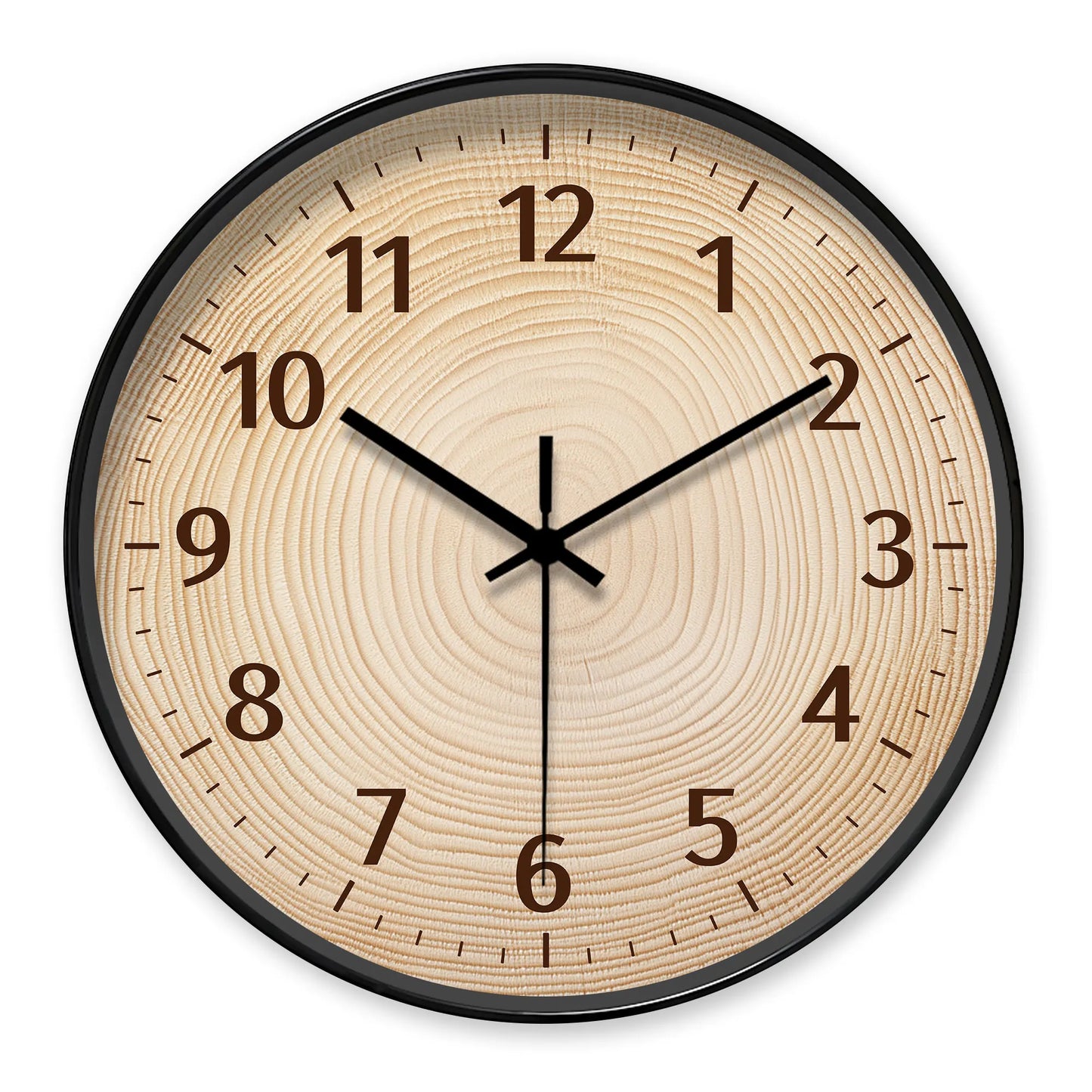 Nutshell wood grain wall clock with a natural wood finish and black metal frame