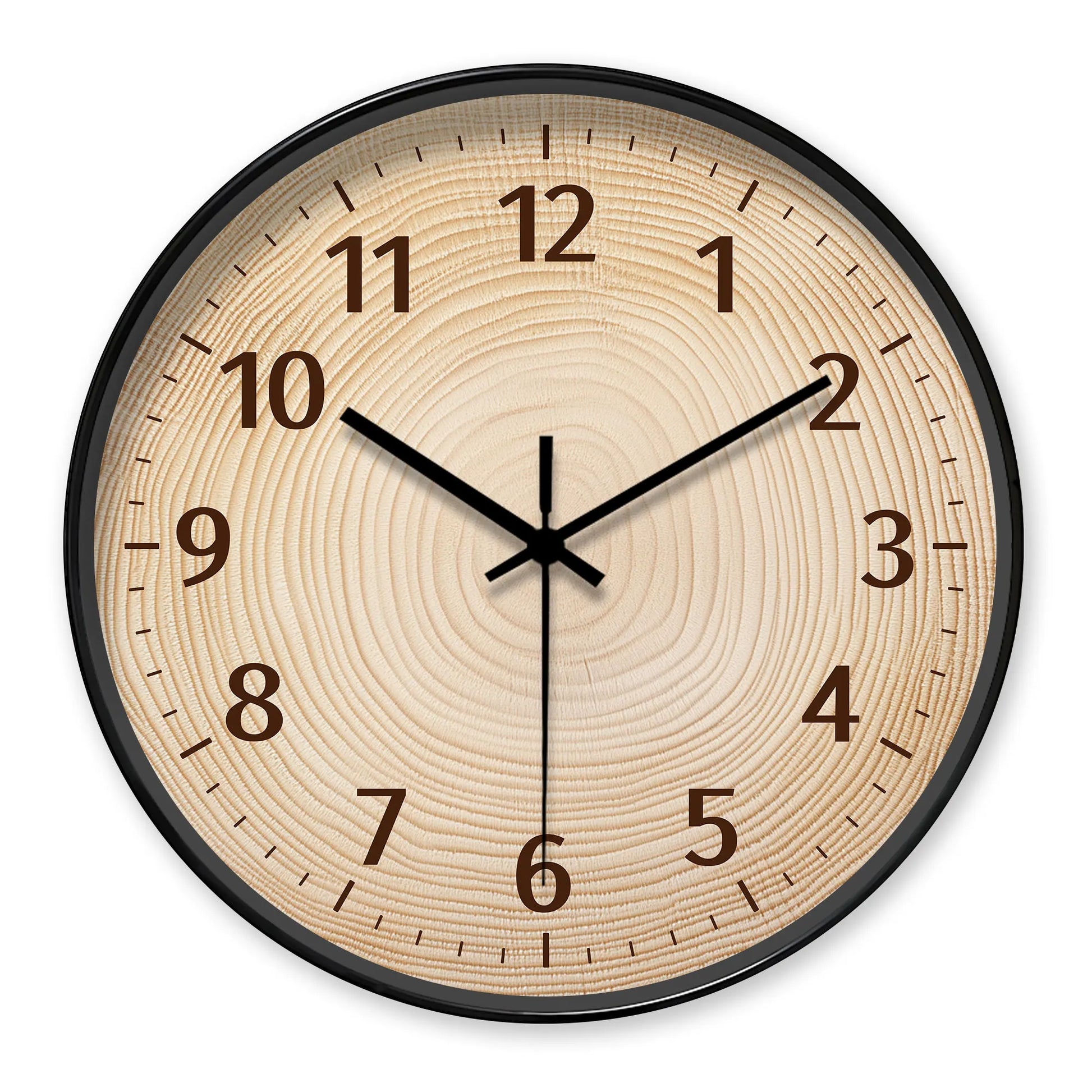 Nutshell wood grain wall clock with a natural wood finish and black metal frame