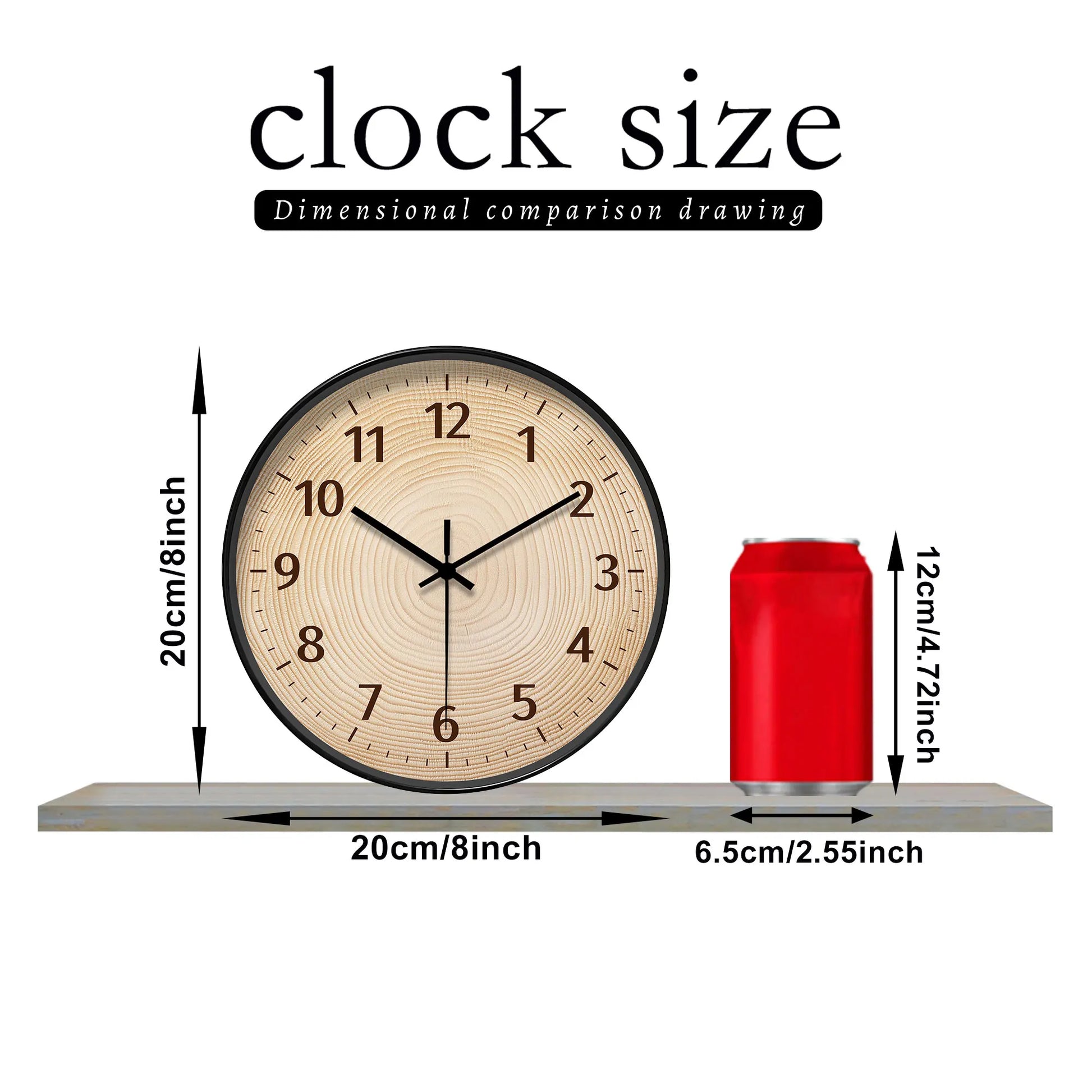 Nutshell wood grain wall clock with dimensions of 20cm in diameter and 12cm height for stylish décor