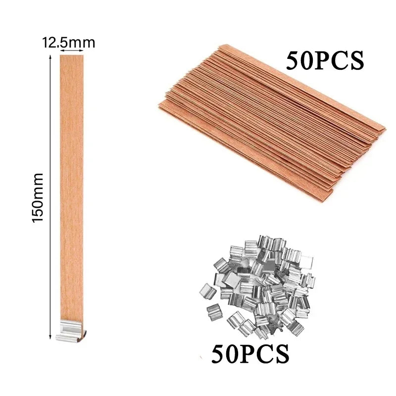 Nutshell wooden candle wick sticks 50pcs with metal clips for candle making 150mm length