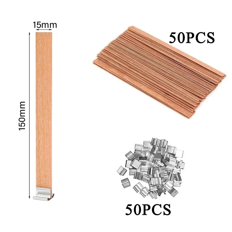 Nutshell wooden candle wick kit with 50 wooden candle wick sticks and 50 metal wick sustainers