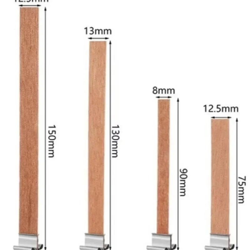 Nutshell wooden candle wick options with various sizes and metal bases for candles