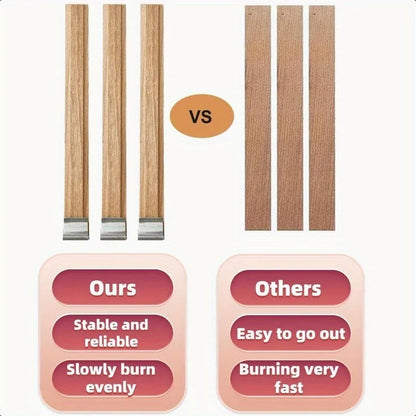Nutshell wooden candle wick comparison showing ours stable and reliable with even burn versus others burning very fast