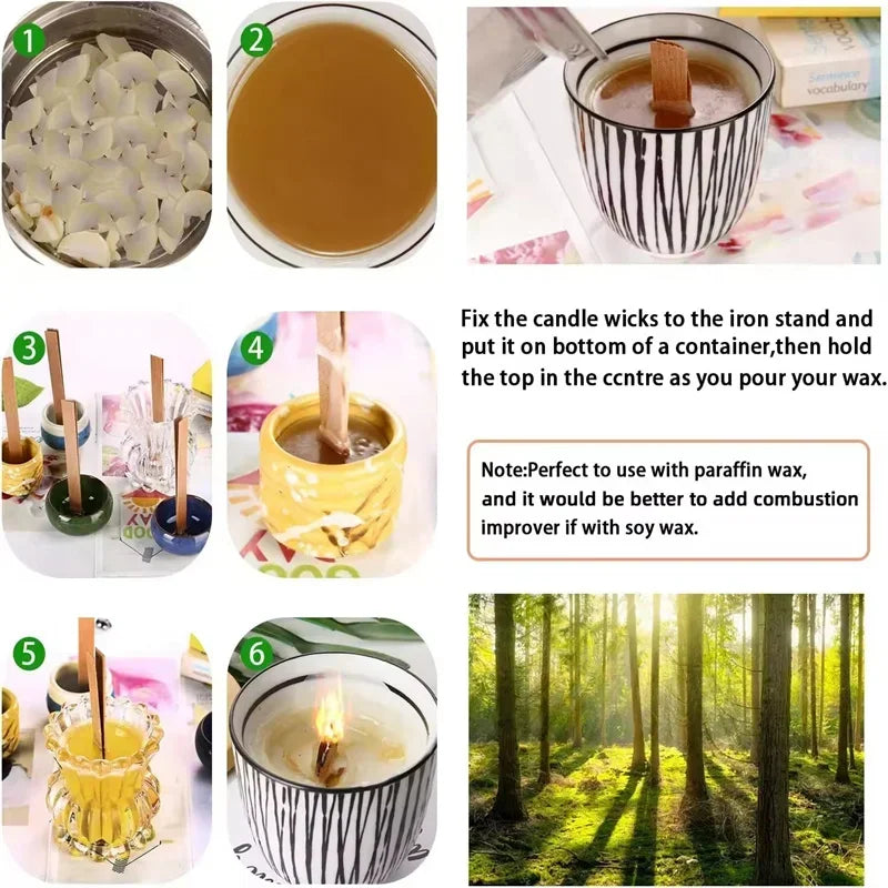 Nutshell candle with wooden candle wick being made using wax pouring and burning in decorative containers