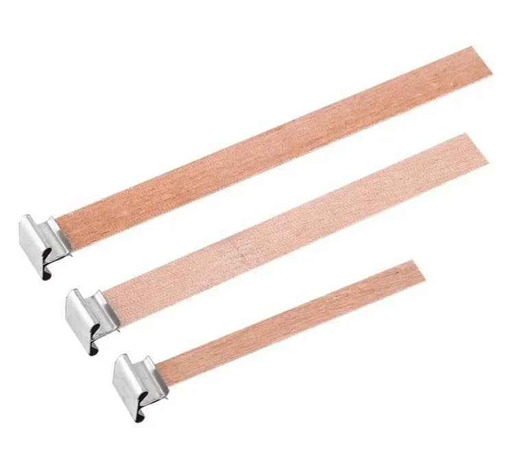 Nutshell wooden candle wick strips with metal clips in three different sizes for candles
