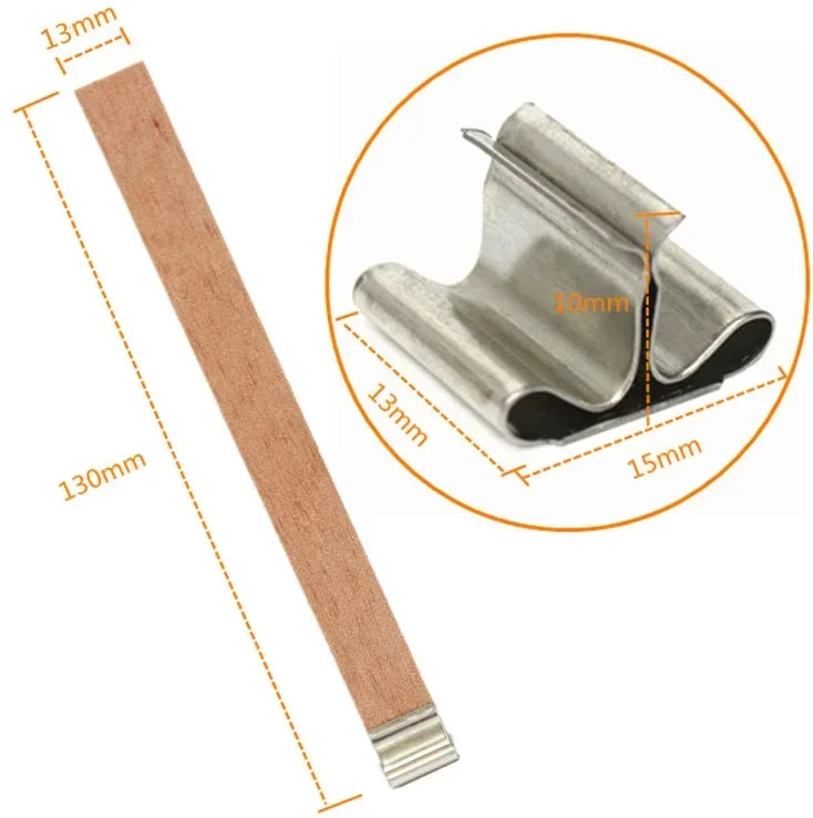 Nutshell wooden candle wick with metal clip measuring 130mm by 13mm for candle making