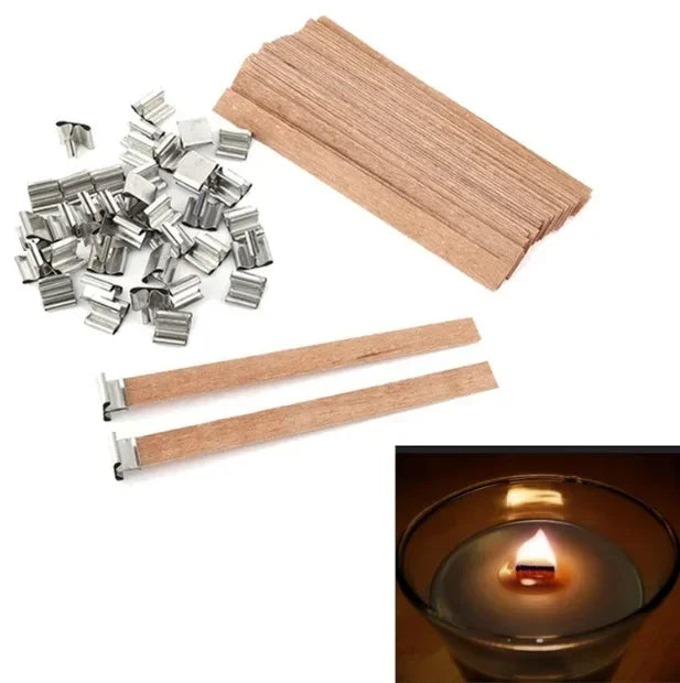 Nutshell wooden candle wick strips with metal holders and lit wooden candle wick in glass candle