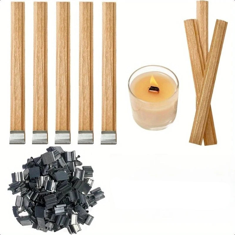 Nutshell wooden candle wick set with metal clips and lit candle showcasing wooden candle wick