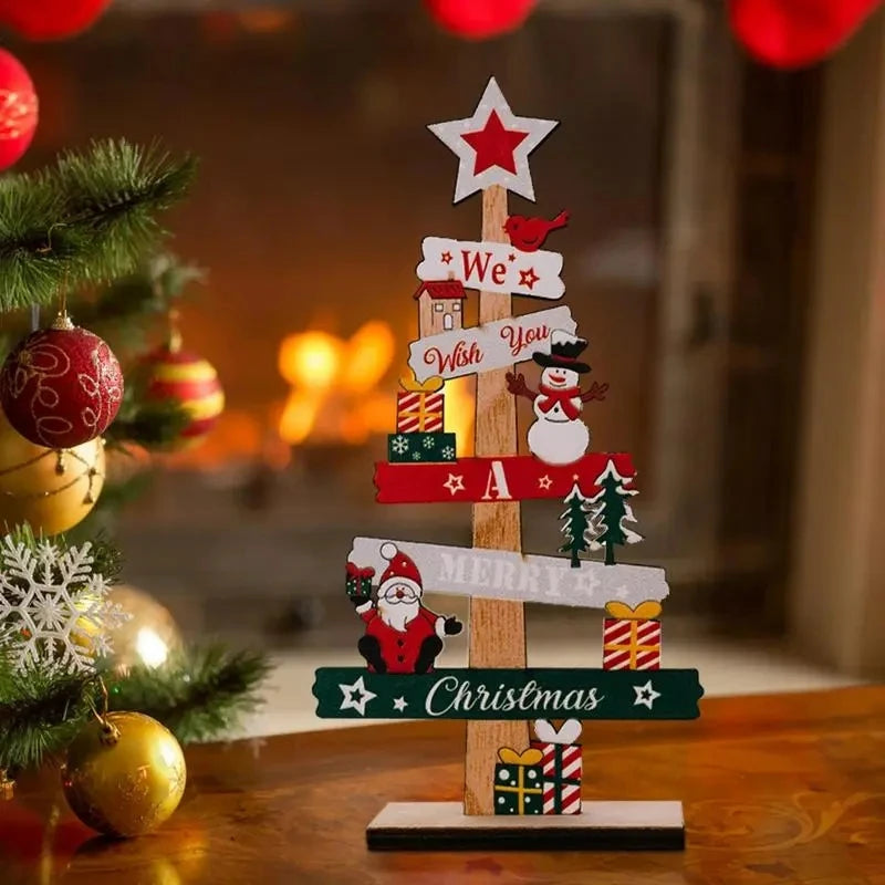 Wooden Christmas Tree Ornament with festive designs including snowmen and Santa for holiday decor
