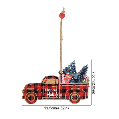 Wooden Christmas Tree Ornament featuring a red plaid truck with holiday decorations and gifts