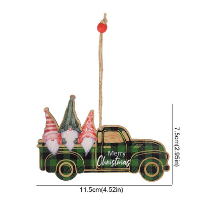 Wooden Christmas Tree Ornament featuring a plaid truck with gnomes for festive decor