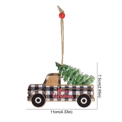 Wooden Christmas Tree Ornament featuring a truck with a Christmas tree and festive design