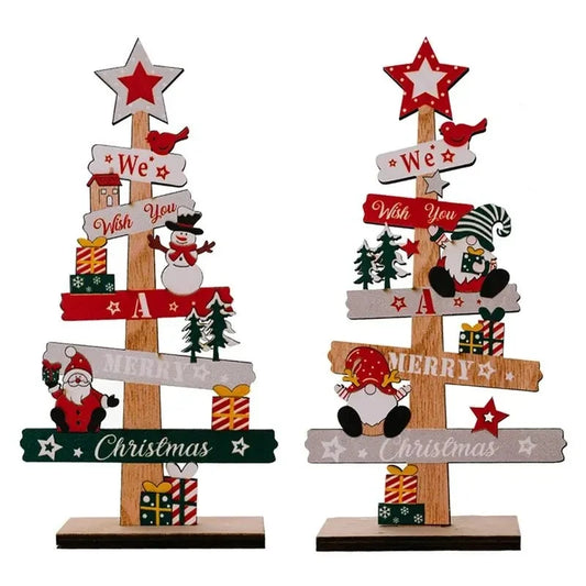 Wooden Christmas Tree Ornament with Festive Characters and Colorful Decorations