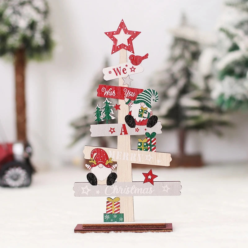 Colorful Wooden Christmas Tree Ornament with festive decorations and cheerful messages for holiday decor